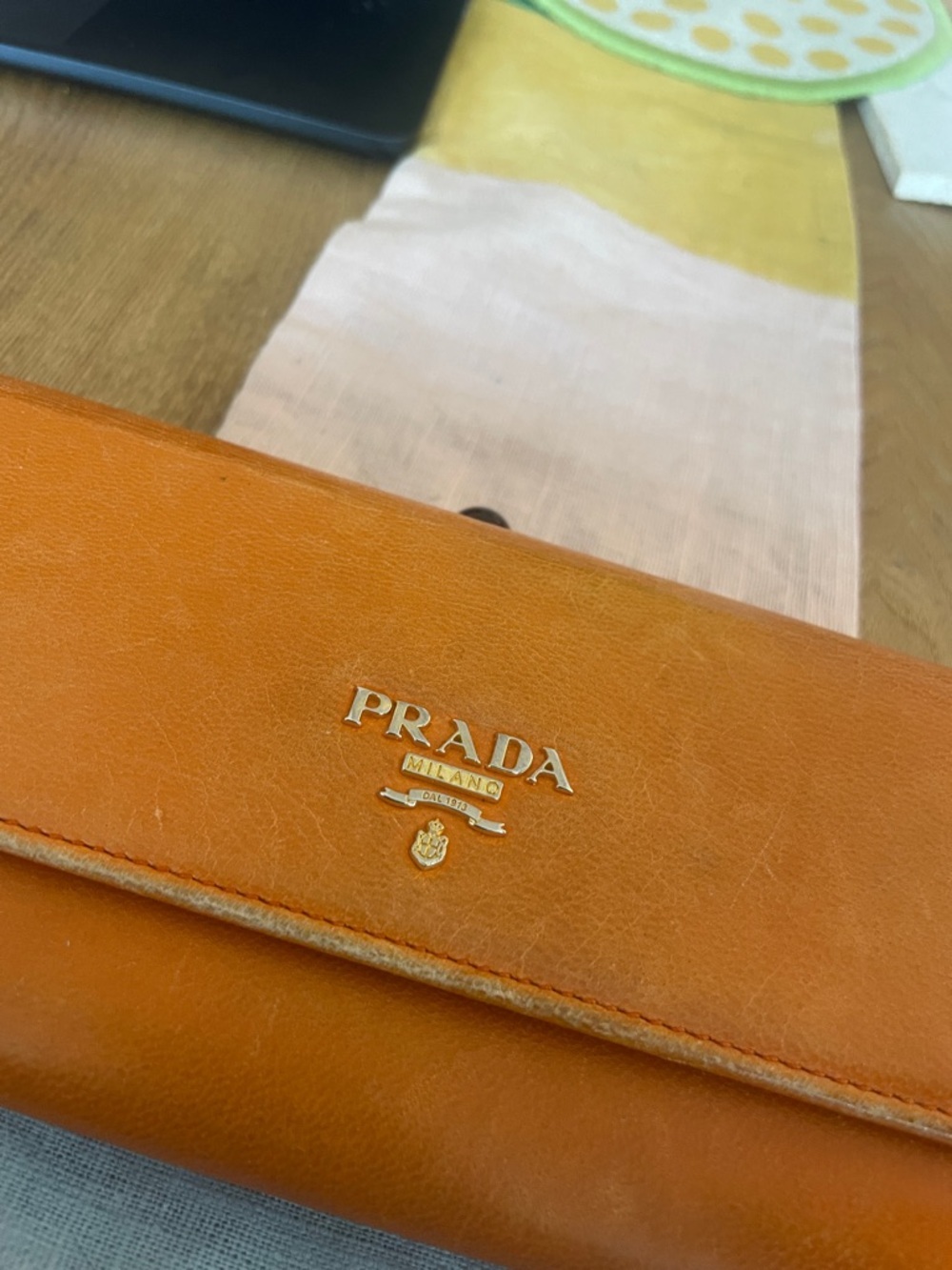 Prada Papaya Orange Pebbled Leather Continental Wallet Gold Log - Picture 6 of 14